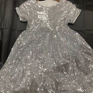 Silver Sequin Fit and Flare Dress with Puff Sleeves